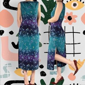 Sag Harbor | Vintage Blue Purple Ombre Floral Print Sleeveless Sheath Midi Dress
